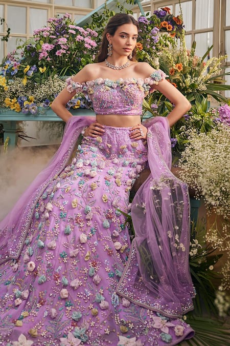 Baya Lavender Viscose, Net Embroidery, Sequins, Pearls, Floral Mermaid Lehenga Set 