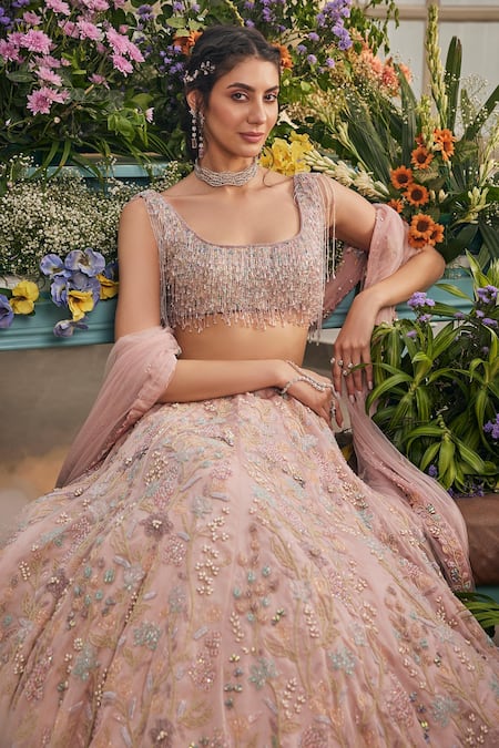 Buy_Baya_Pink Viscose Embroidery, Beads, Sequins, Pearls, Hand Beaded Lehenga Set _Online_at_Aza_Fashions