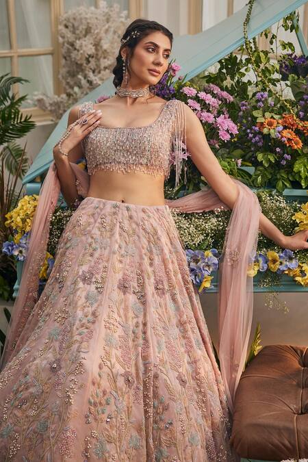 Shop_Baya_Pink Viscose Embroidery, Beads, Sequins, Pearls, Hand Beaded Lehenga Set _Online_at_Aza_Fashions