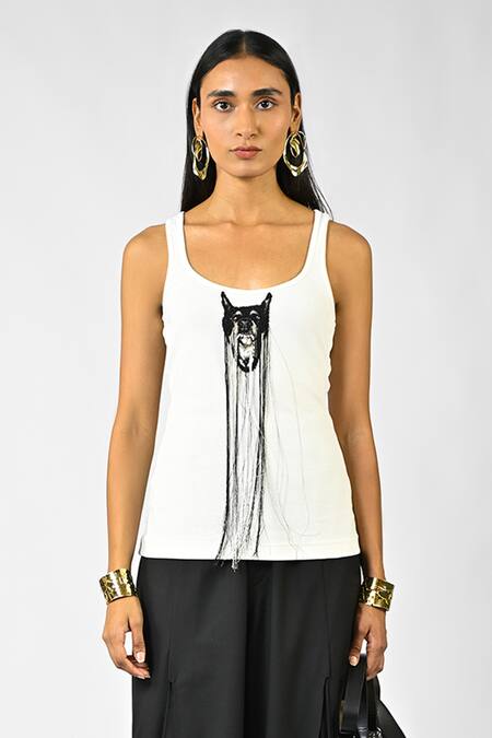 Shop Huemn White Cotton Scoop Neck Hanging Silk Thread Embroidered Canine Vest Online at Aza Fashions Shop_Huemn_White Cotton Scoop Neck Hanging Silk Thread Embroidered Canine Vest _Online_at_Aza_Fashions