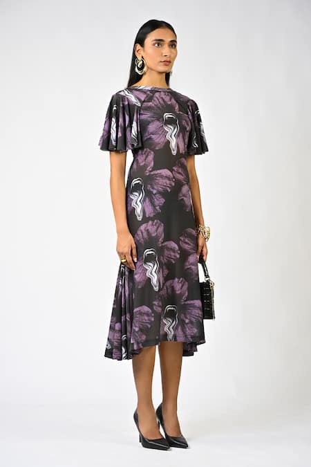 Huemn Black Net, Lycra Round Neck Sculpted Printed Purple Dress Online at Aza Fashions Huemn_Black Net, Lycra Round Neck Sculpted Printed Purple Dress _Online_at_Aza_Fashions