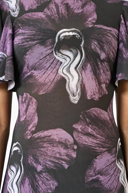 Buy Huemn Black Net, Lycra Round Neck Sculpted Printed Purple Dress Online at Aza Fashions Buy_Huemn_Black Net, Lycra Round Neck Sculpted Printed Purple Dress _Online_at_Aza_Fashions