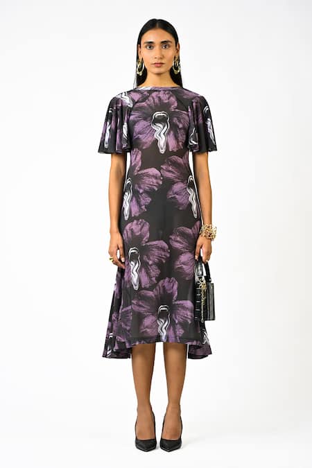 Huemn Black Net, Lycra Round Neck Sculpted Printed Purple Dress 