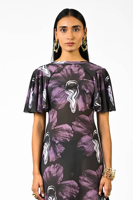 Shop Huemn Black Net, Lycra Round Neck Sculpted Printed Purple Dress Online at Aza Fashions Shop_Huemn_Black Net, Lycra Round Neck Sculpted Printed Purple Dress _Online_at_Aza_Fashions