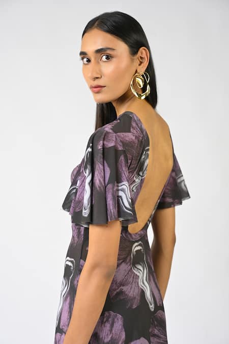 Huemn Black Net, Lycra Round Neck Sculpted Printed Purple Dress at Aza Fashions Huemn_Black Net, Lycra Round Neck Sculpted Printed Purple Dress _at_Aza_Fashions