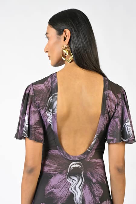 Shop Huemn Black Net, Lycra Round Neck Sculpted Printed Purple Dress at Aza Fashions Shop_Huemn_Black Net, Lycra Round Neck Sculpted Printed Purple Dress _at_Aza_Fashions