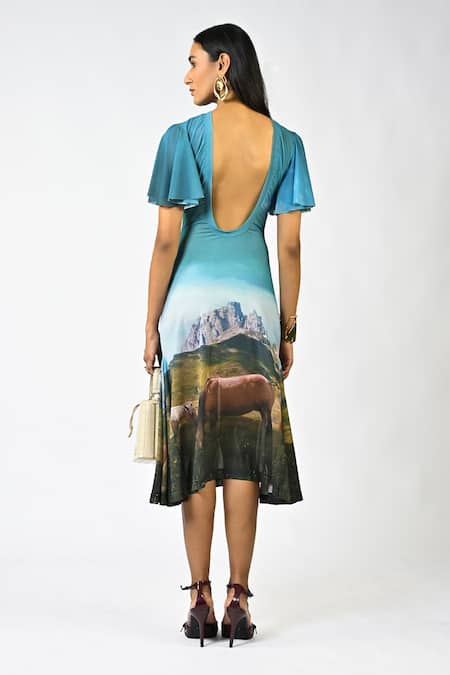 Shop Huemn Multi Color Net, Lycra Round Neck Sculpted Horse Grazing Landscaped Print Dress at Aza Fashions Shop_Huemn_Multi Color Net, Lycra Round Neck Sculpted Horse Grazing Landscaped Print Dress _at_Aza_Fashions