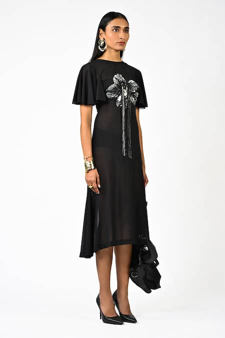 Huemn Black Net, Lycra Embroidery, Beads, Sequins Round Neck Sculpted Hand Dress Online at Aza Fashions Huemn_Black Net, Lycra Embroidery, Beads, Sequins Round Neck Sculpted Hand Dress _Online_at_Aza_Fashions