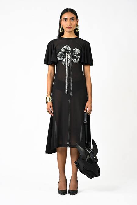 Buy Huemn Black Net, Lycra Embroidery, Beads, Sequins Round Neck Sculpted Hand Dress Online at Aza Fashions Buy_Huemn_Black Net, Lycra Embroidery, Beads, Sequins Round Neck Sculpted Hand Dress _Online_at_Aza_Fashions