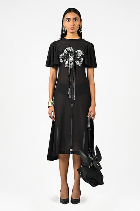 Huemn Black Net, Lycra Embroidery, Beads, Sequins Round Neck Sculpted Hand Dress 