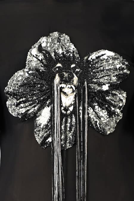 Shop Huemn Black Net, Lycra Embroidery, Beads, Sequins Round Neck Sculpted Hand Dress Online at Aza Fashions Shop_Huemn_Black Net, Lycra Embroidery, Beads, Sequins Round Neck Sculpted Hand Dress _Online_at_Aza_Fashions