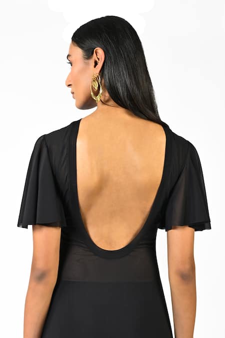 Shop Huemn Black Net, Lycra Embroidery, Beads, Sequins Round Neck Sculpted Hand Dress at Aza Fashions Shop_Huemn_Black Net, Lycra Embroidery, Beads, Sequins Round Neck Sculpted Hand Dress _at_Aza_Fashions