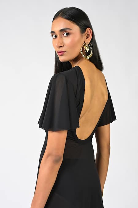 Huemn Black Net, Lycra Embroidery, Beads, Sequins Round Neck Sculpted Hand Dress at Aza Fashions Huemn_Black Net, Lycra Embroidery, Beads, Sequins Round Neck Sculpted Hand Dress _at_Aza_Fashions