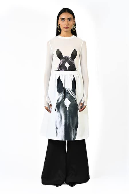 Huemn White Net, Lycra Round Neck Sculpted Gloved Horse Print Top 