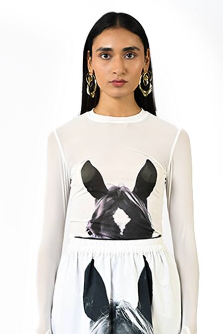 Buy Huemn White Net, Lycra Round Neck Sculpted Gloved Horse Print Top Online at Aza Fashions Buy_Huemn_White Net, Lycra Round Neck Sculpted Gloved Horse Print Top _Online_at_Aza_Fashions