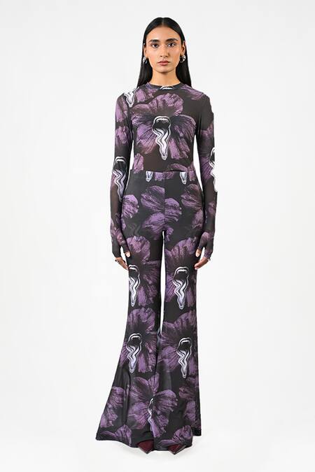 Huemn_Purple Net, Lycra Round Neck Printed Sculpted Gloved Top _Online_at_Aza_Fashions