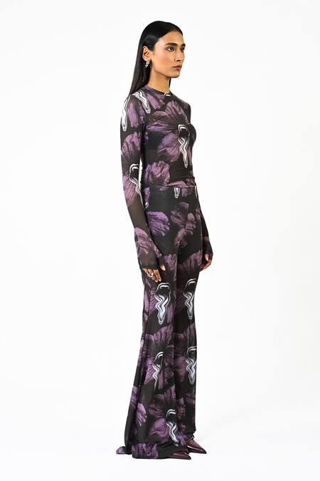 Buy_Huemn_Purple Net, Lycra Round Neck Printed Sculpted Gloved Top _Online_at_Aza_Fashions
