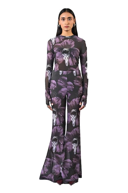 Huemn Purple Net, Lycra Round Neck Printed Sculpted Gloved Top 