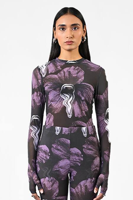 Shop_Huemn_Purple Net, Lycra Round Neck Printed Sculpted Gloved Top _Online_at_Aza_Fashions
