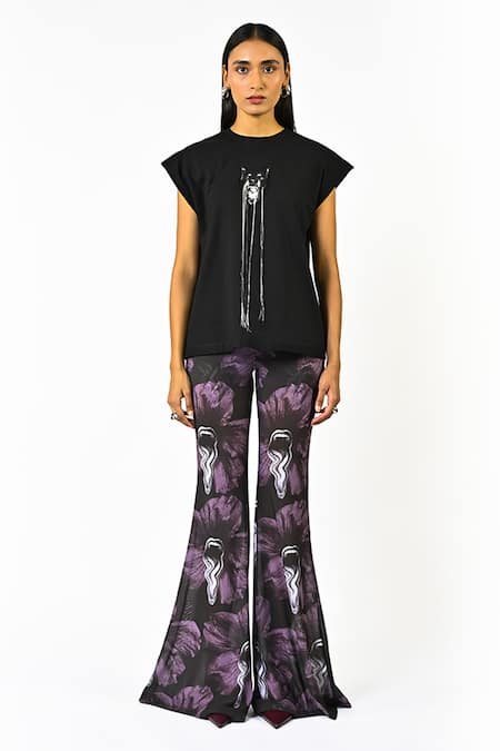 Huemn Black Cotton, Jersey Embroidery, Beads, Tassels Round Fringed Hand Canine Top 
