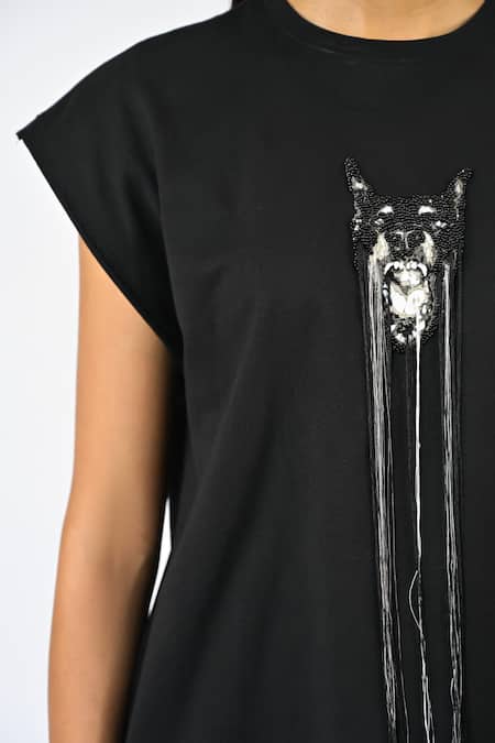 Shop Huemn Black Cotton, Jersey Embroidery, Beads, Tassels Round Fringed Hand Canine Top Online at Aza Fashions Shop_Huemn_Black Cotton, Jersey Embroidery, Beads, Tassels Round Fringed Hand Canine Top _Online_at_Aza_Fashions