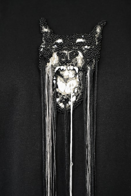 Huemn Black Cotton, Jersey Embroidery, Beads, Tassels Round Fringed Hand Canine Top at Aza Fashions Huemn_Black Cotton, Jersey Embroidery, Beads, Tassels Round Fringed Hand Canine Top _at_Aza_Fashions