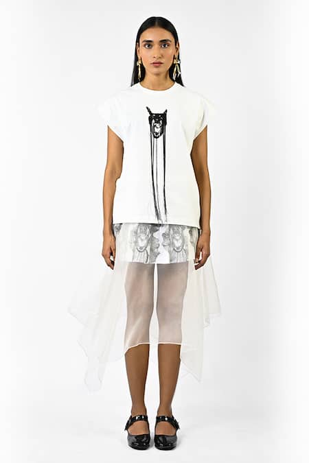 Huemn White Cotton, Jersey Embroidery, Beads, Metallic Thread Fringed Hand Canine Top 