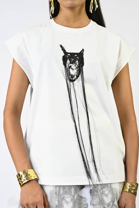 Shop Huemn White Cotton, Jersey Embroidery, Beads, Metallic Thread Fringed Hand Canine Top Online at Aza Fashions Shop_Huemn_White Cotton, Jersey Embroidery, Beads, Metallic Thread Fringed Hand Canine Top _Online_at_Aza_Fashions
