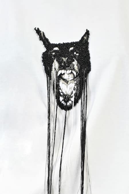 Huemn White Cotton, Jersey Embroidery, Beads, Metallic Thread Fringed Hand Canine Top at Aza Fashions Huemn_White Cotton, Jersey Embroidery, Beads, Metallic Thread Fringed Hand Canine Top _at_Aza_Fashions