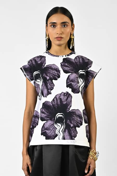 Shop_Huemn_White Cotton, Jersey Round Neck Printed Sleeveless Top _Online_at_Aza_Fashions