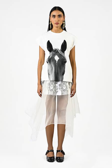 Huemn White Cotton Round Neck Horse Print Top 