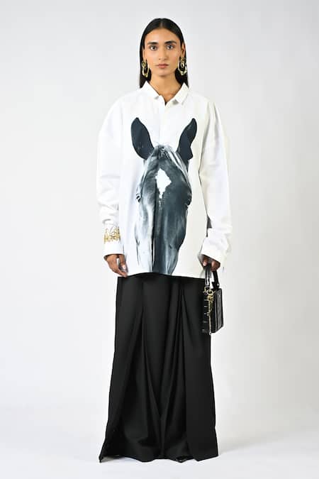 Huemn White Cotton Collared Horse Print Shirt 