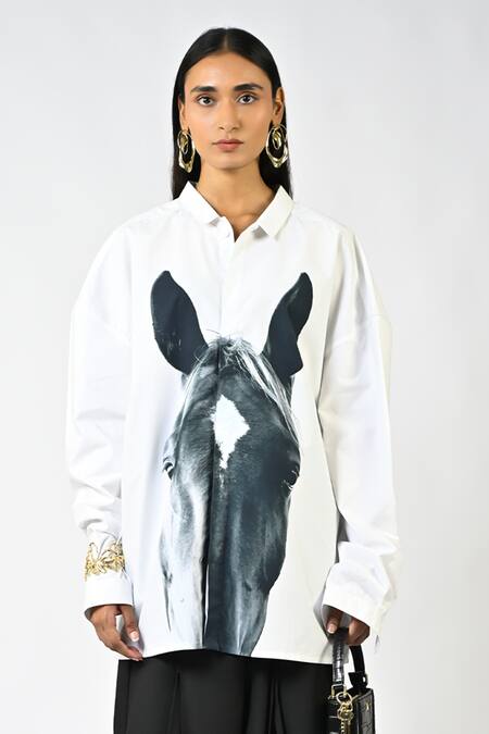 Huemn White Cotton Collared Horse Print Shirt Online at Aza Fashions Huemn_White Cotton Collared Horse Print Shirt _Online_at_Aza_Fashions