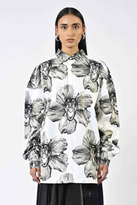 Huemn White Cotton Collared Canine Print Shirt Online at Aza Fashions Huemn_White Cotton Collared Canine Print Shirt _Online_at_Aza_Fashions