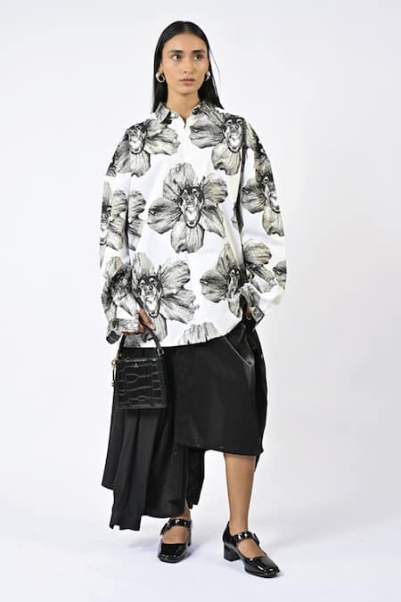 Huemn White Cotton Collared Canine Print Shirt 
