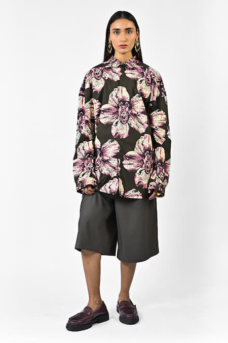 Huemn Green Cotton Collared Canine Print Oversized Shirt 