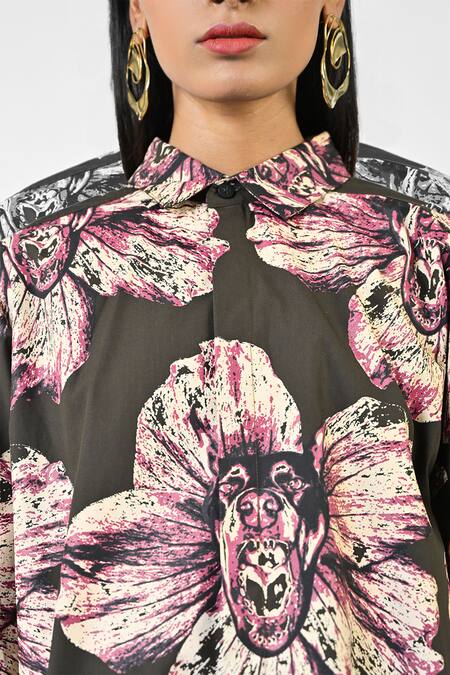 Huemn Green Cotton Collared Canine Print Oversized Shirt at Aza Fashions Huemn_Green Cotton Collared Canine Print Oversized Shirt _at_Aza_Fashions