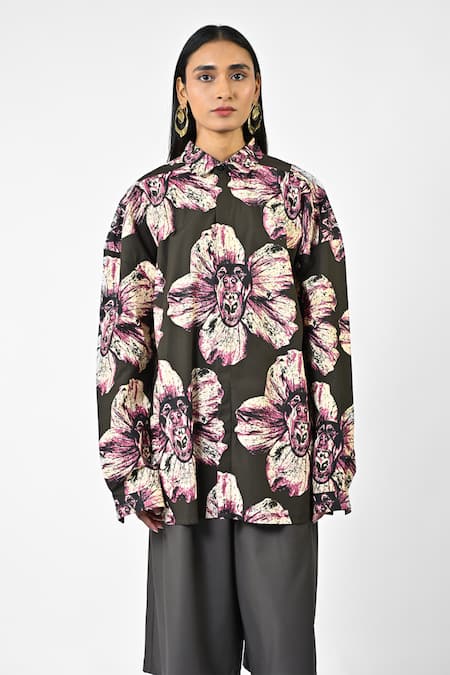 Buy Huemn Green Cotton Collared Canine Print Oversized Shirt Buy_Huemn_Green Cotton Collared Canine Print Oversized Shirt