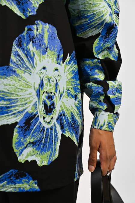 Shop Huemn Black Cotton Collared Canine Print Oversized Shirt Online at Aza Fashions Shop_Huemn_Black Cotton Collared Canine Print Oversized Shirt _Online_at_Aza_Fashions