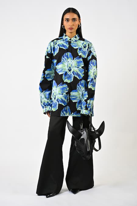 Huemn Black Cotton Collared Canine Print Oversized Shirt 