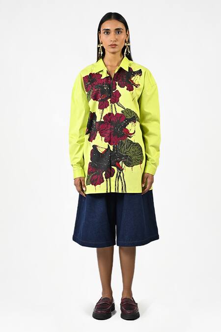 Huemn_Lime Cotton Collared Fanged Floral Shirt _Online_at_Aza_Fashions