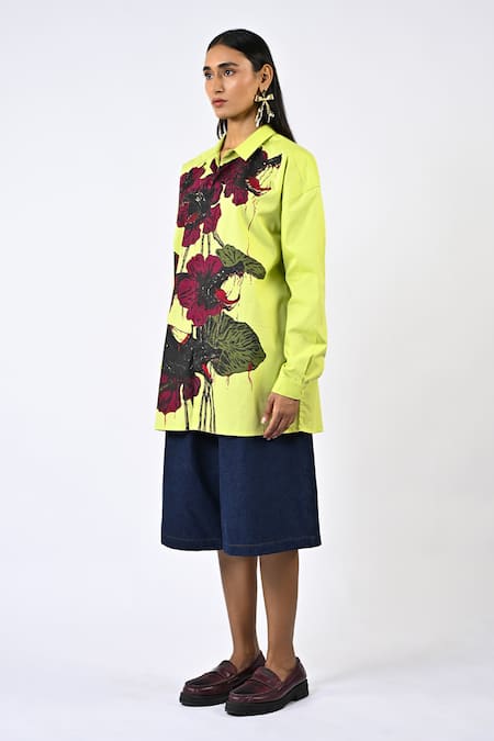 Buy_Huemn_Lime Cotton Collared Fanged Floral Shirt _Online_at_Aza_Fashions