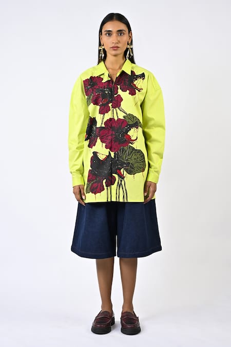 Huemn Lime Cotton Collared Fanged Floral Shirt 