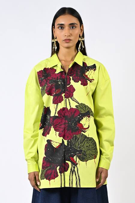 Shop_Huemn_Lime Cotton Collared Fanged Floral Shirt _Online_at_Aza_Fashions