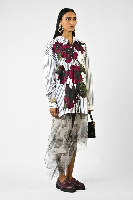 Huemn_White Cotton Collared Fanged Floral Print Pinstriped Shirt _Online_at_Aza_Fashions