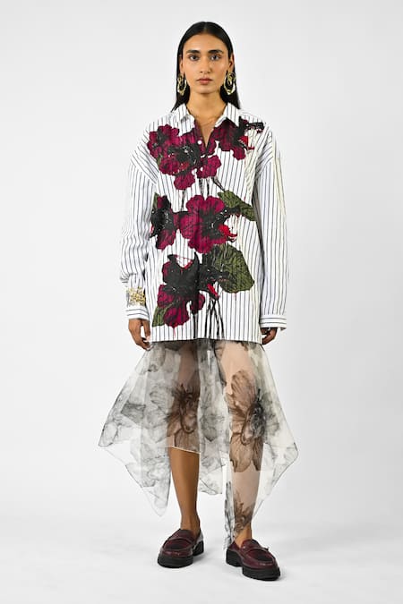 Huemn White Cotton Collared Fanged Floral Print Pinstriped Shirt 