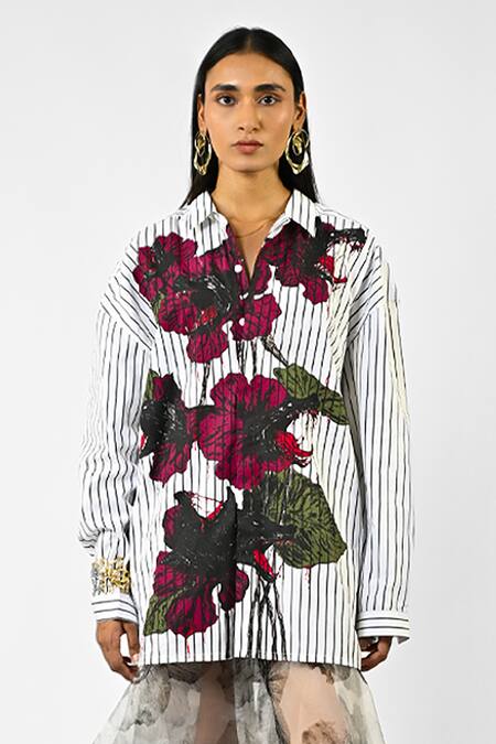 Buy_Huemn_White Cotton Collared Fanged Floral Print Pinstriped Shirt _Online_at_Aza_Fashions