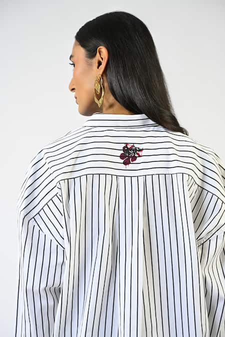 Huemn Fanged Floral Print Pinstriped Cotton Shirt 