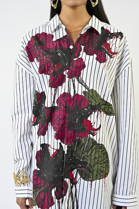 Shop_Huemn_White Cotton Collared Fanged Floral Print Pinstriped Shirt _Online_at_Aza_Fashions