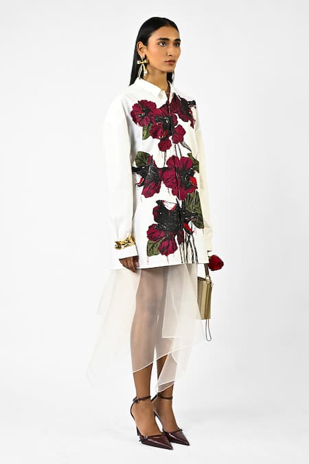Huemn_White Cotton Collared Fanged Floral Shirt _Online_at_Aza_Fashions